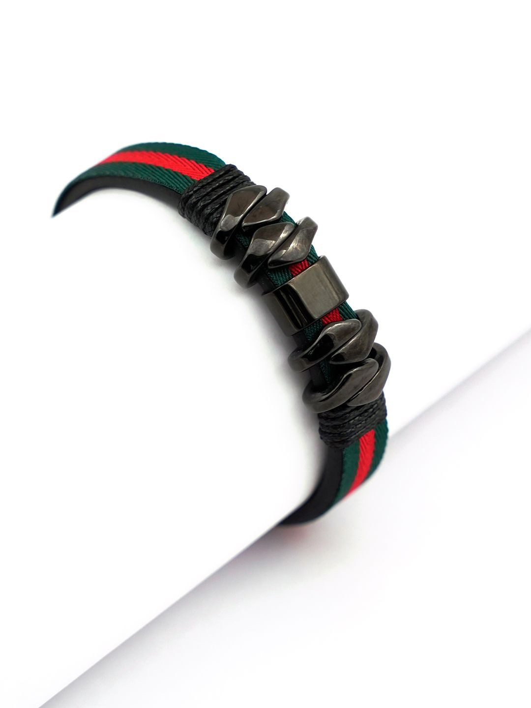 SWASHAA Men Leather Rhodium-Plated Wraparound Bracelet