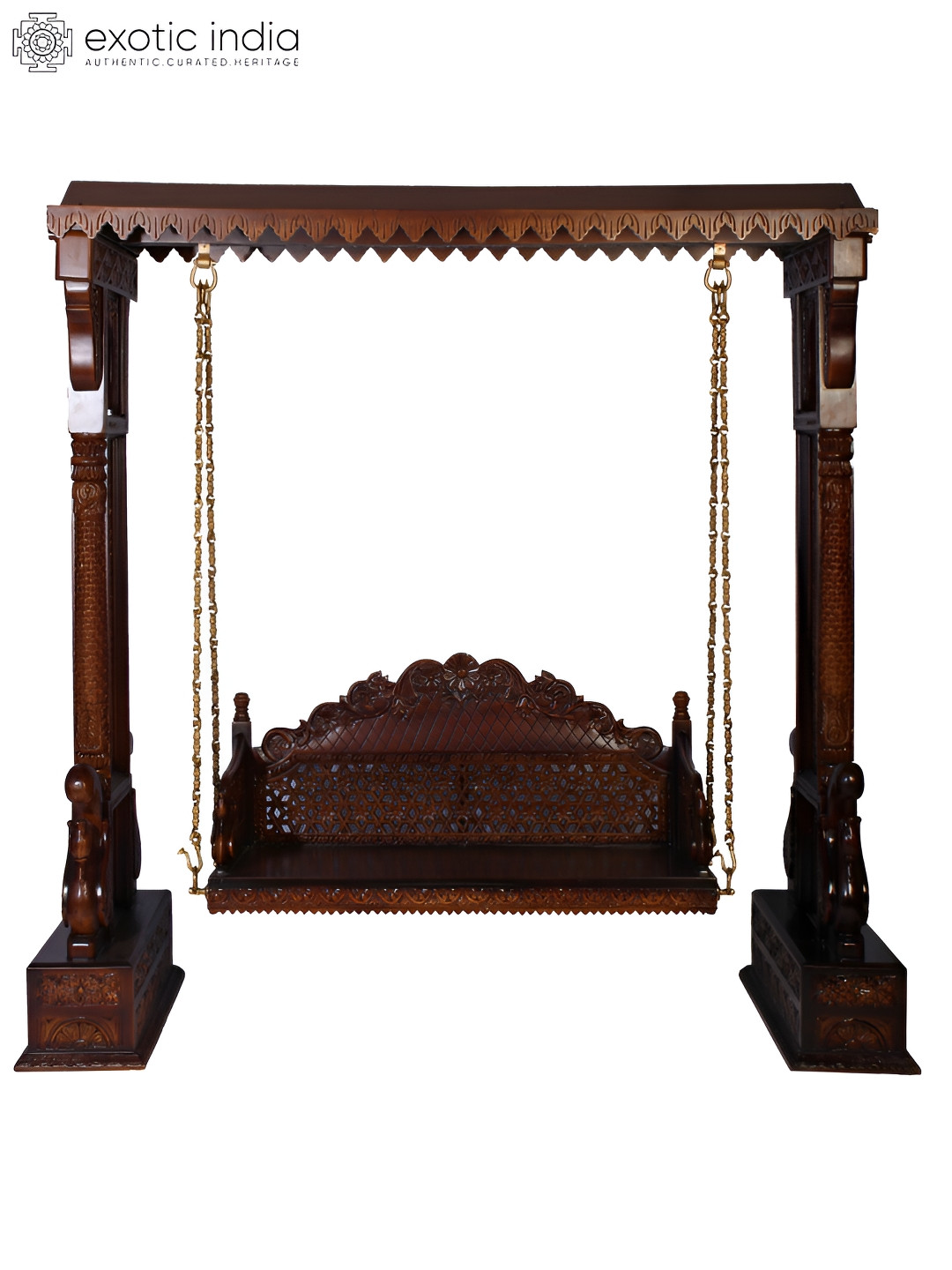 Exotic India Designer Swing Brown Wood Natural Living Room Extra Large Showpiece - 83.9 Inches
