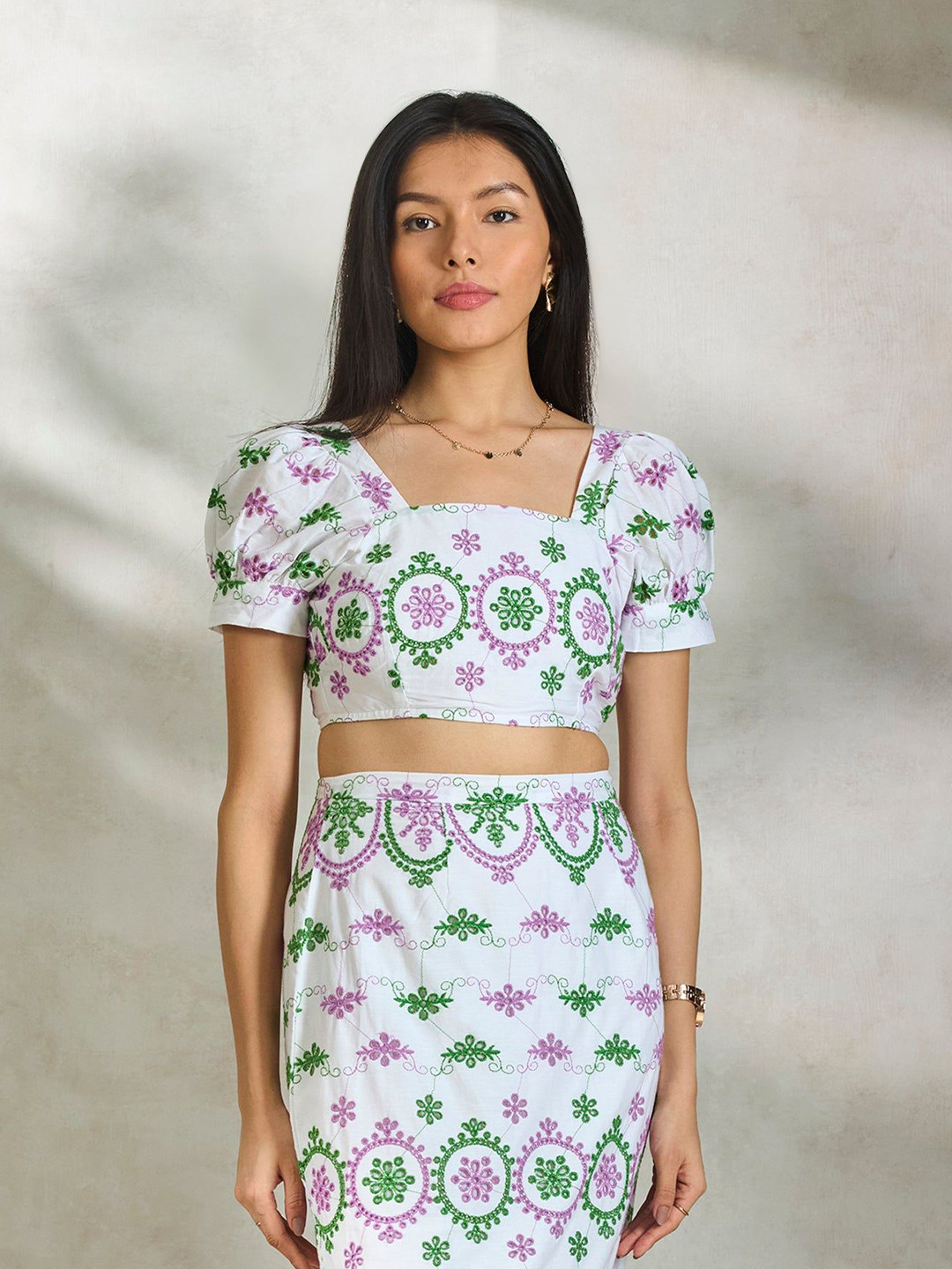 Virgio Pure Cotton Schiffli Crop Top With Puff Sleeves