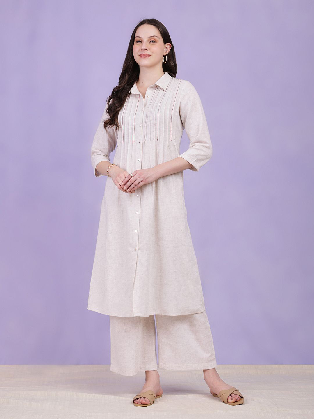 Pink Fort Shirt Collar Pleated Thread Work Cotton A-Line Kurta