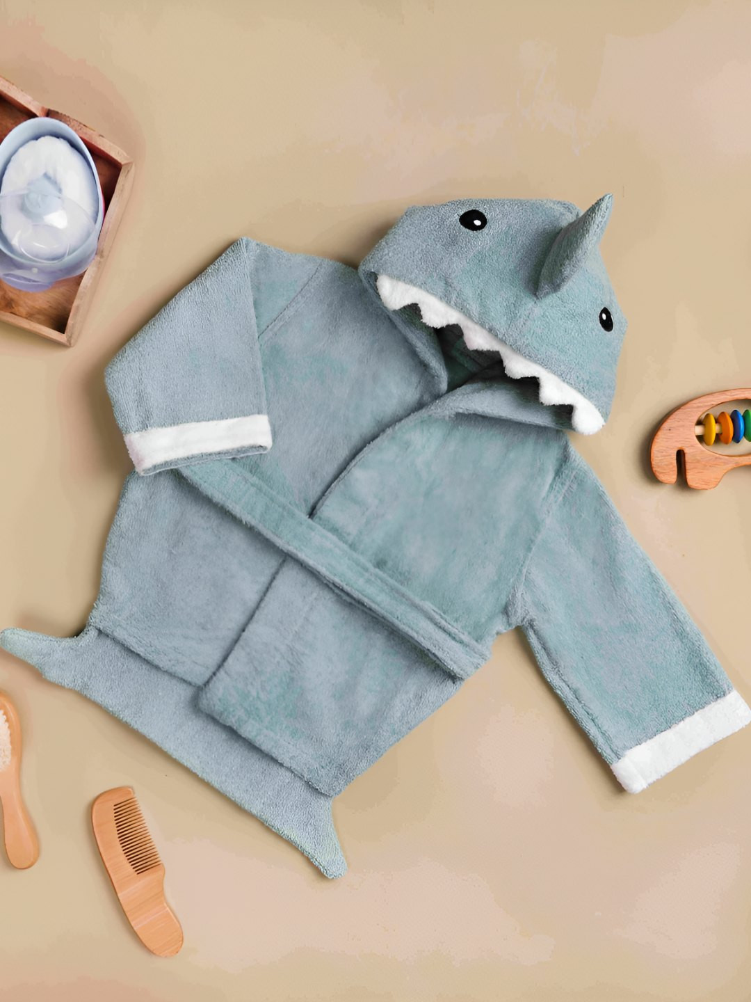 KICKS & CRAWL Shark Doo Doo Sea Green Solid Cotton Zipper Mini Bath Robe