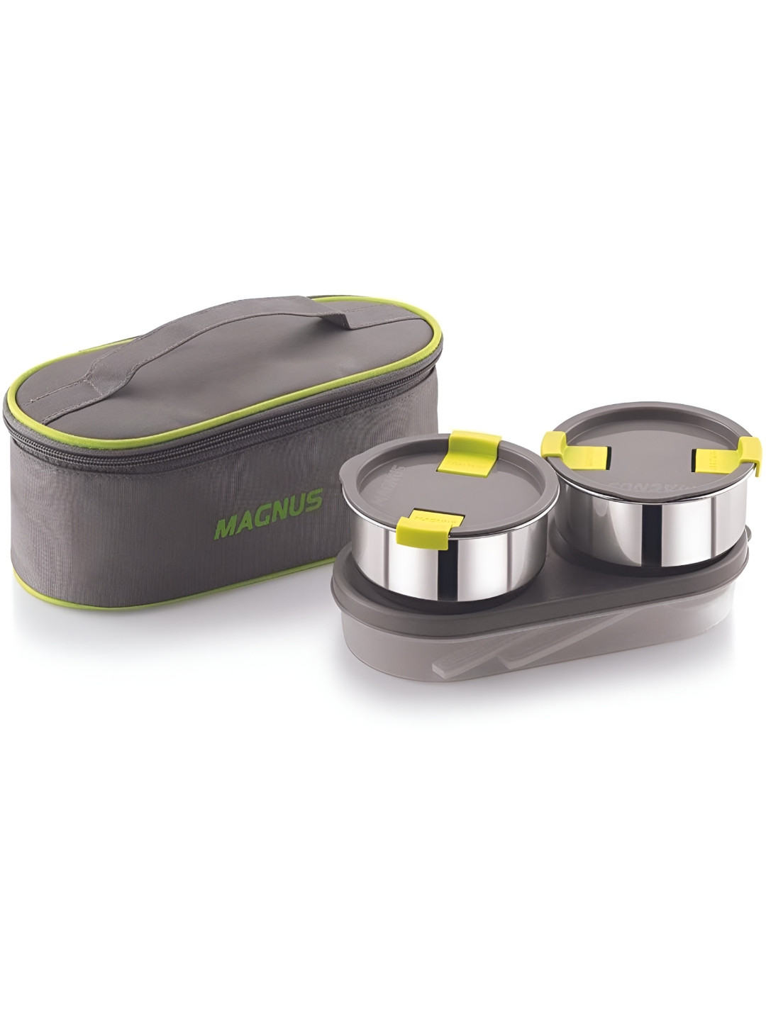 MAGNUS 3 Steam Lock Airtight Grey Solid Stainless Steel 3PCs Lunch Box With Spoon and Fork