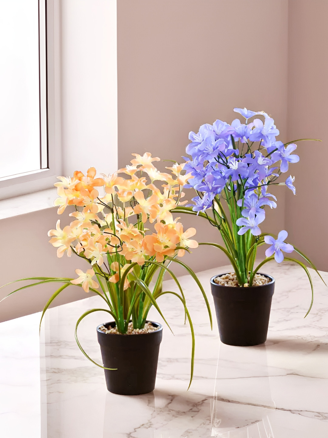 The Better Home Blue & Peach 2 Pieces Jasmine Bonsai Artificial Flowers With Pot