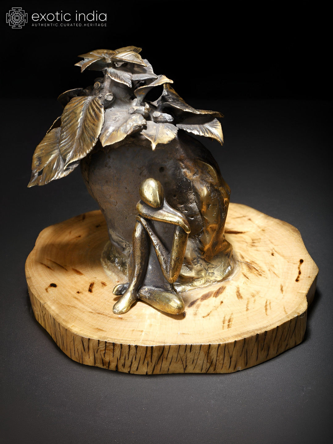 Exotic India A Man Seated Under A Tree Gold Brass Metallic Living Room Small Showpiece - 6.5 Inches