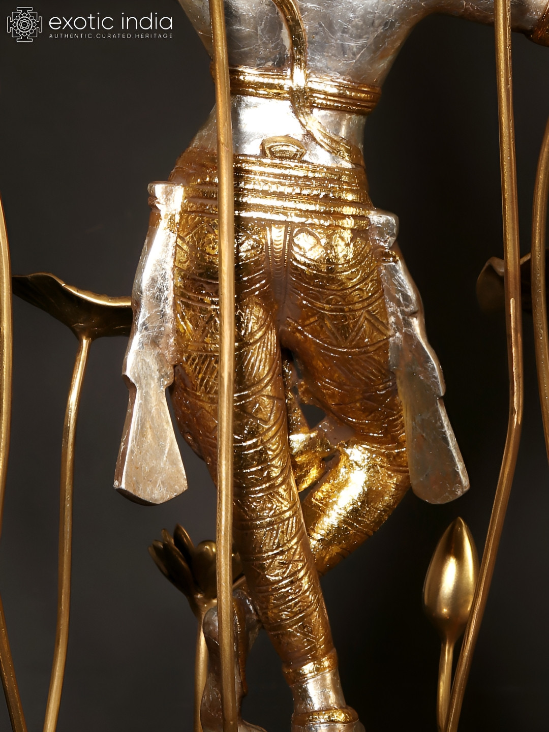 Exotic India Lord Krishna Playing Flute Standing on Pedestal Gold Brass Metallic Prayer Room Extra Large Showpiece - 24.5 Inches