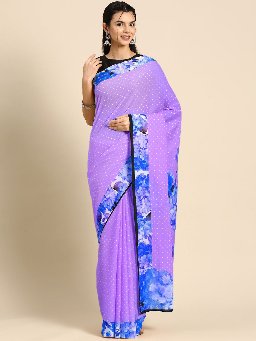 BUTA BUTI Floral Purple Colour Polka Dot Pure Cotton Printed Saree