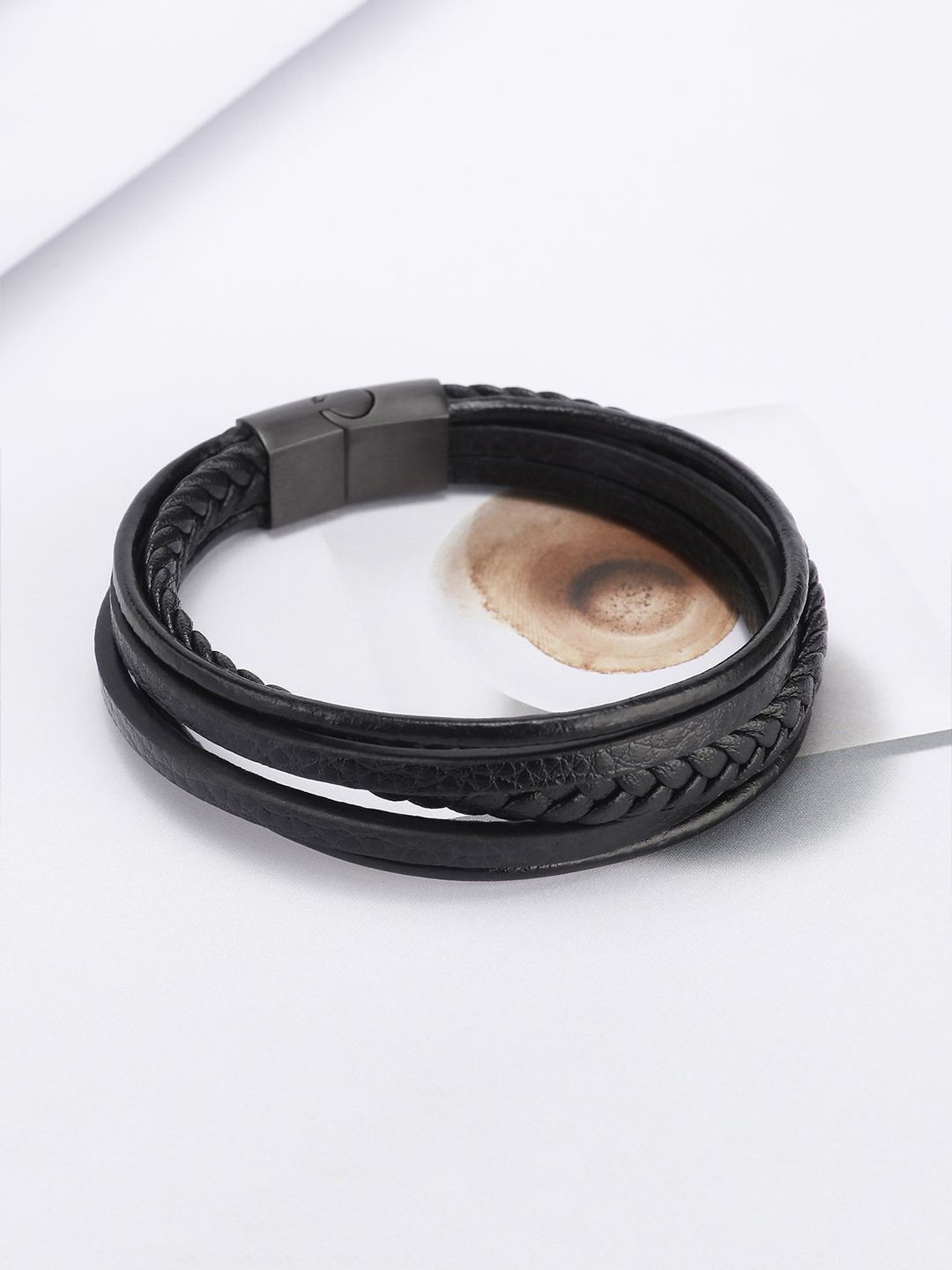 KRENOZ Leather Bracelet Bangle Wristband With Stainless Steel Ornaments