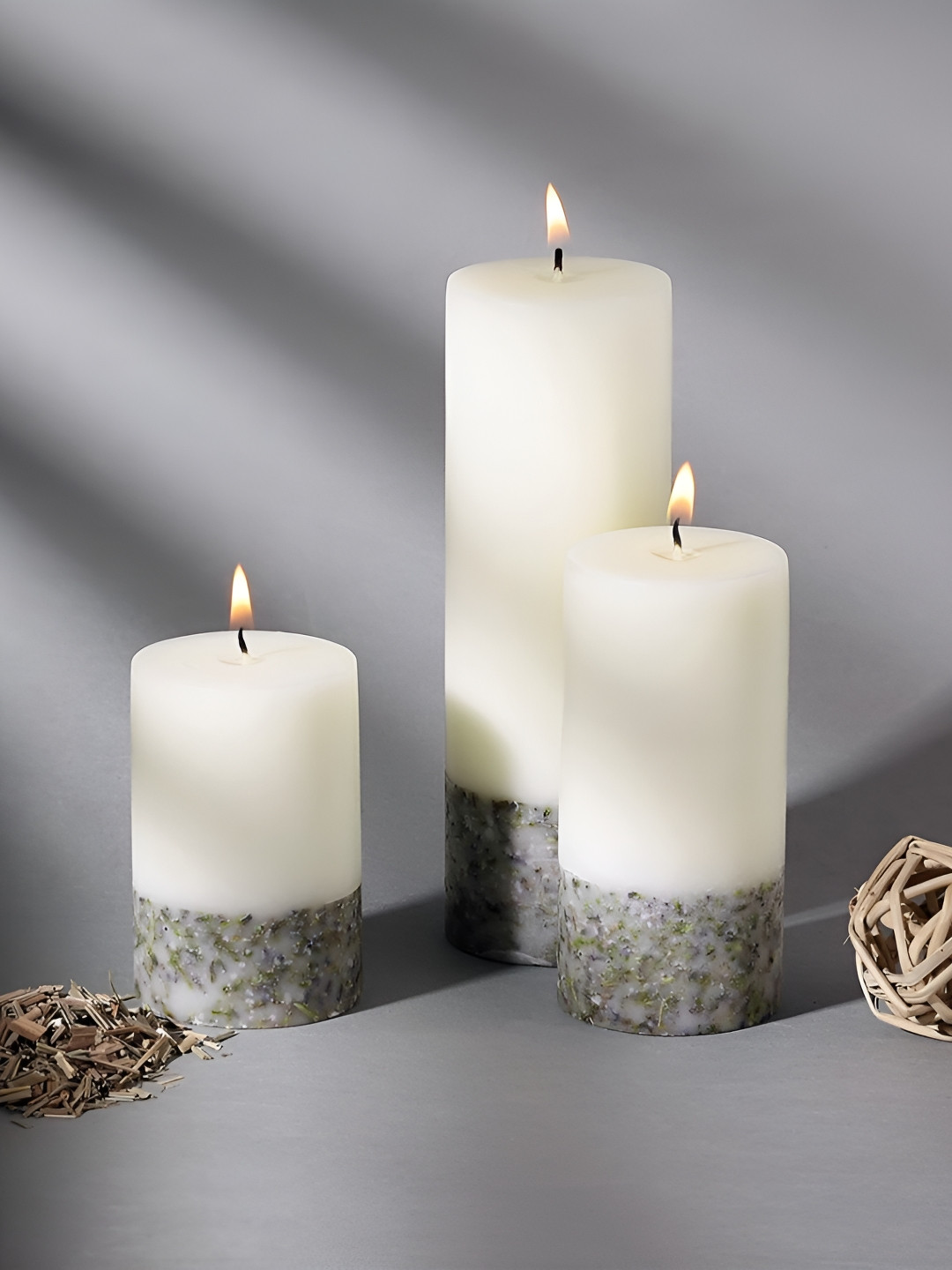 Parkash Candles White & Grey 3 pieces Cinnamon Sticks Pillar Candle
