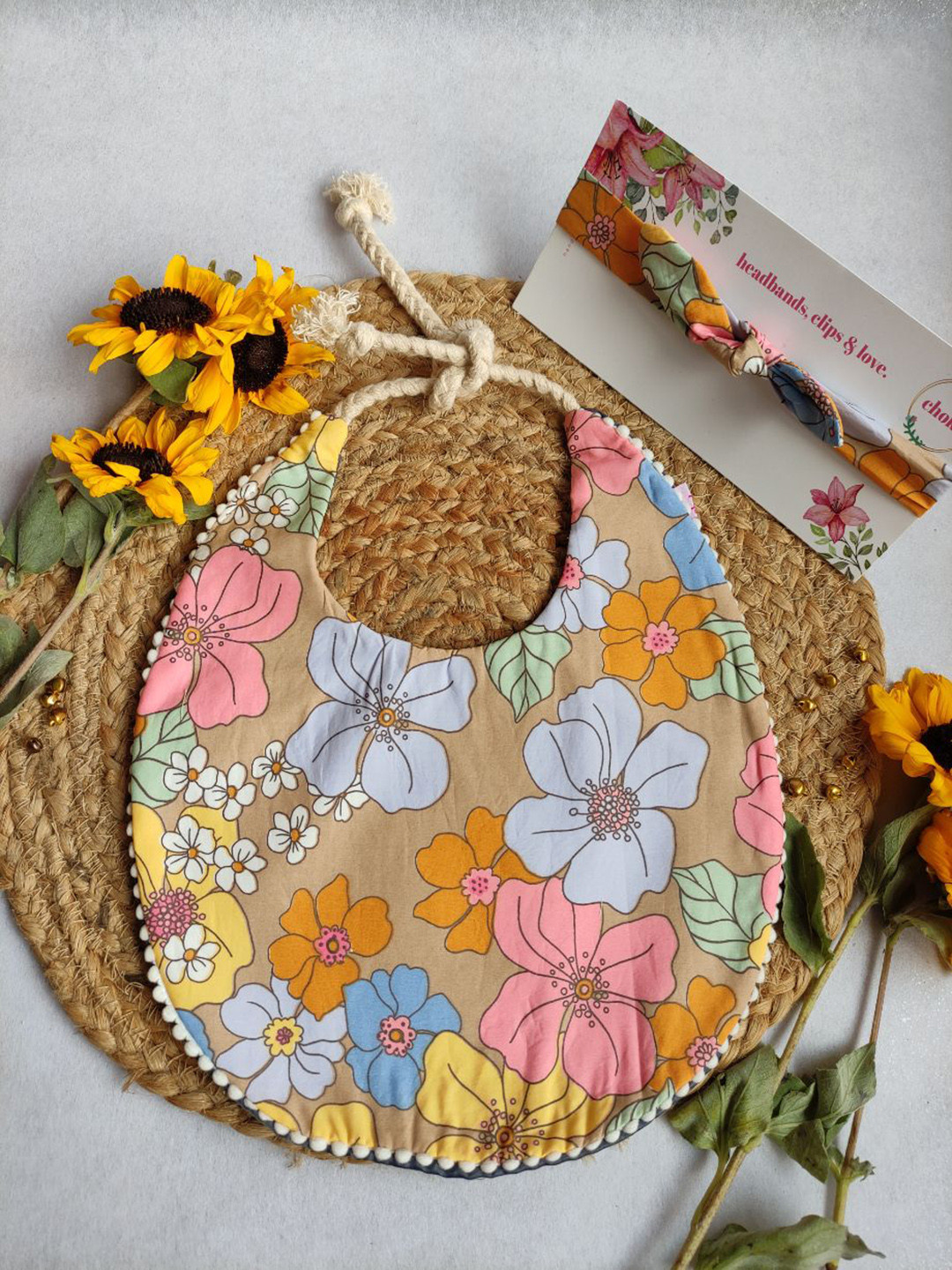 Choko Floral Printed Cotton Bib & Headband Set