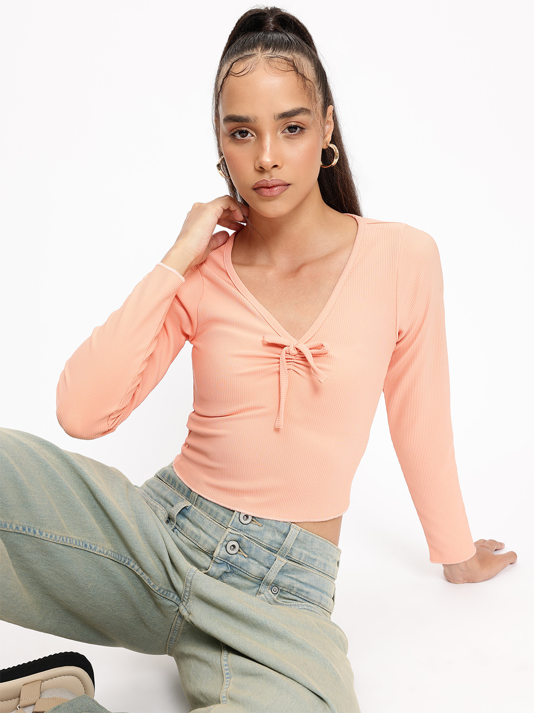 DressBerry Peach Fuzz Texture Twist Fitted Top