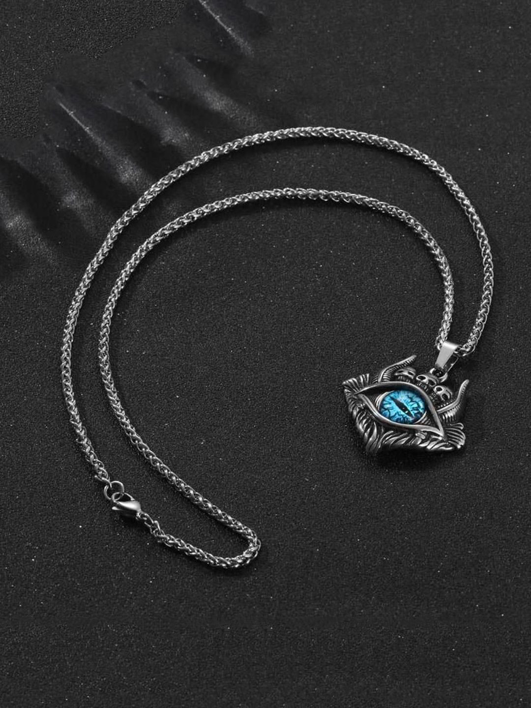 KRENOZ Men Silver-Plated Stainless Steel Evil Eye Dragon Locket Pendants With Chains