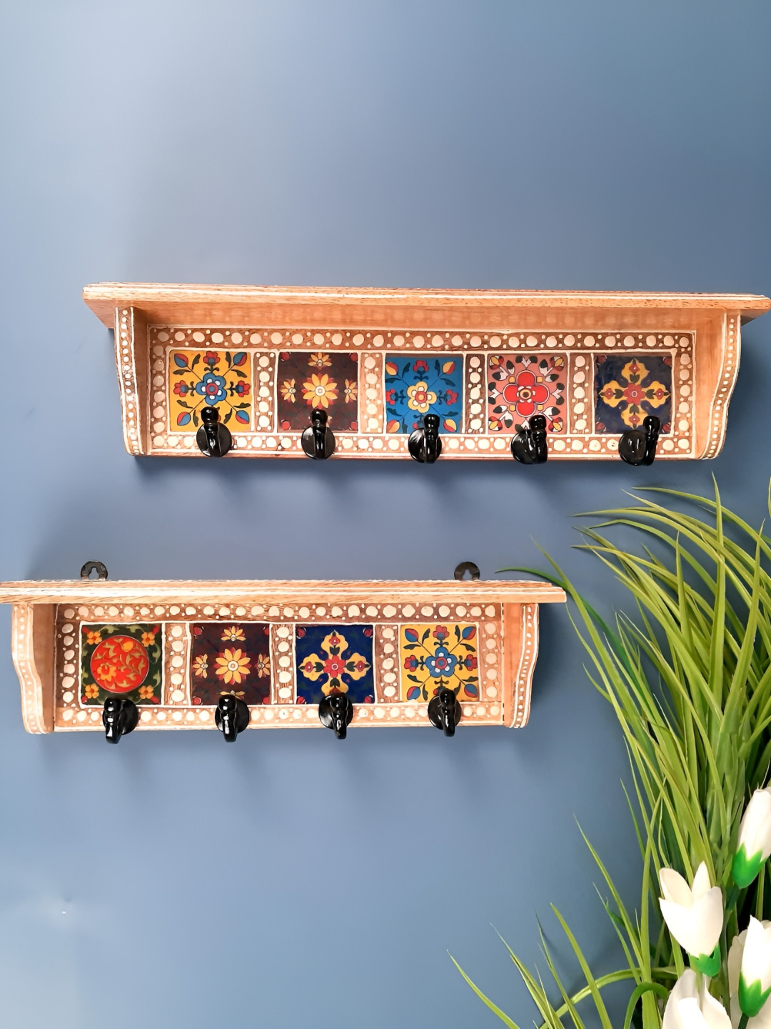 apka mart Brown & Black 2 Pieces Printed Wooden Shelf With Wall Hooks Key Holder