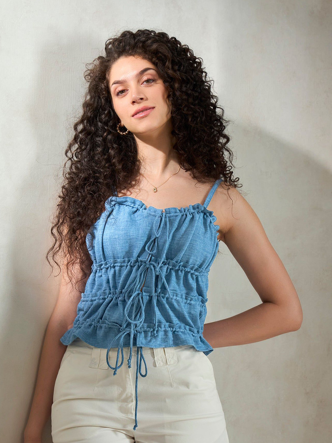 Virgio Linen Tiered Cami Front Tie-Up Top