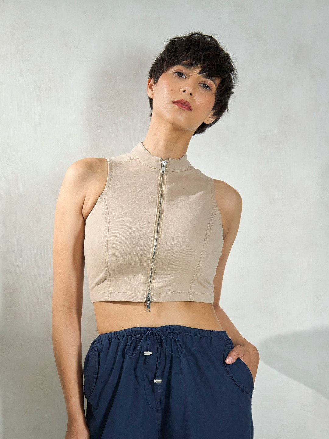 Virgio Cotton Stretch Seamed Zipper Top