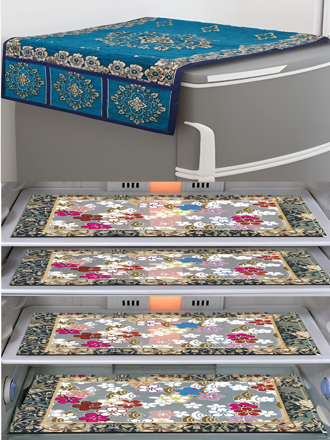LooMantha Violet & Beige 5 Pieces Floral Printed Fridge Top Cover & Fridge Mats