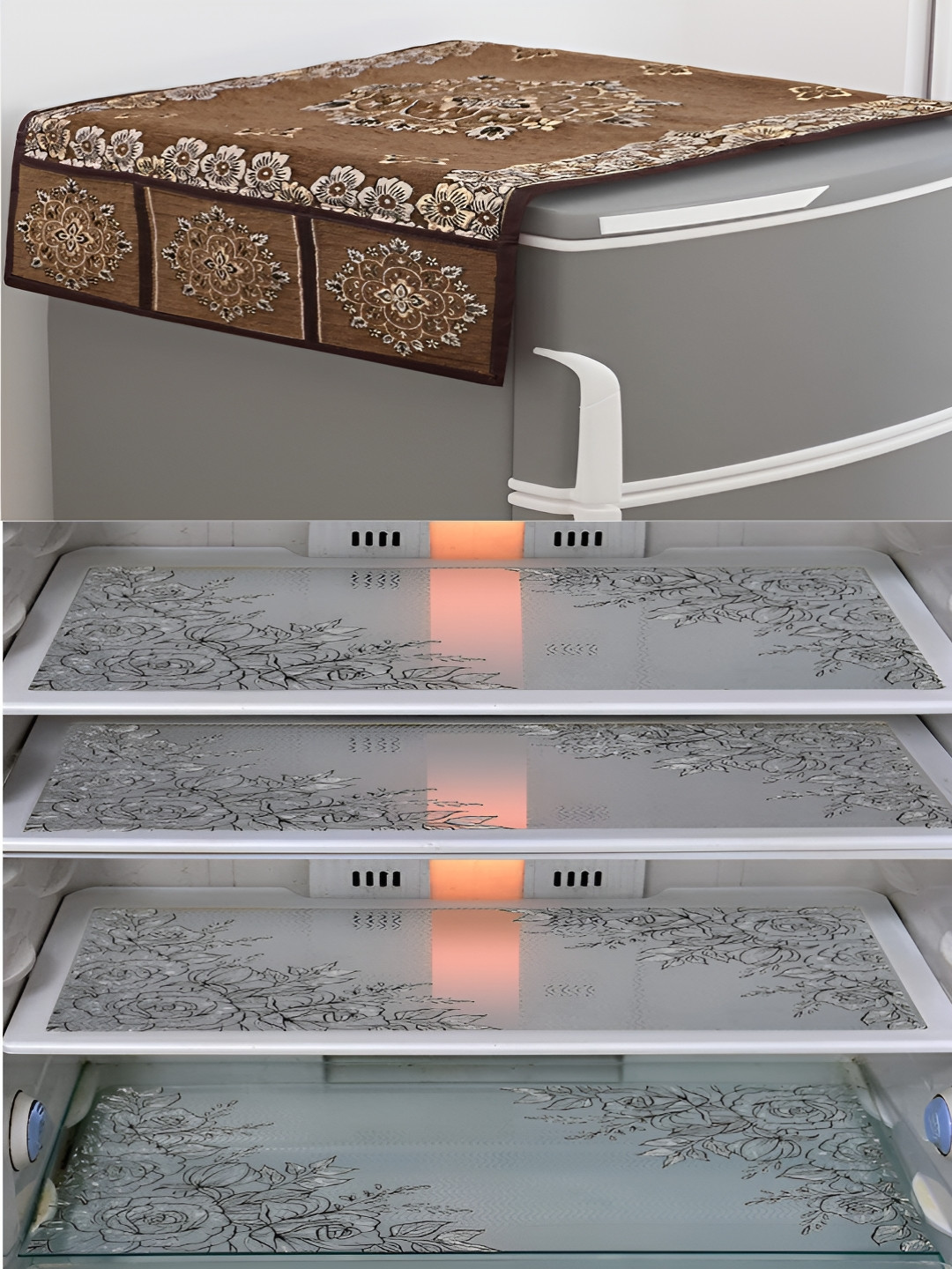 LooMantha Brown & Transparent 5 Pieces Printed Fridge Cover With Side Storage & Fridge Mat