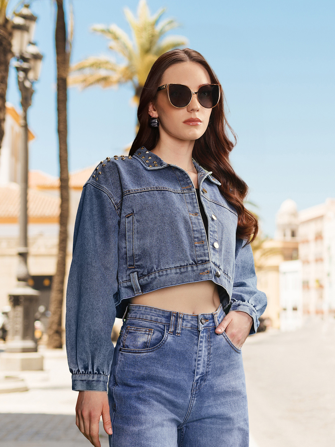 bebe Denim Daze Studded Crop Denim Jacket
