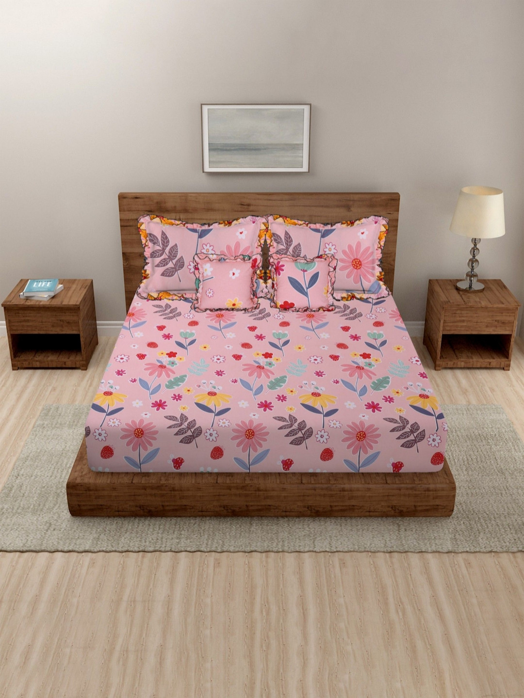 BREVARD Velar Pink Floral Cotton 160 TC Queen Bedsheet with 4 Pillow Covers-228 x 254 cm