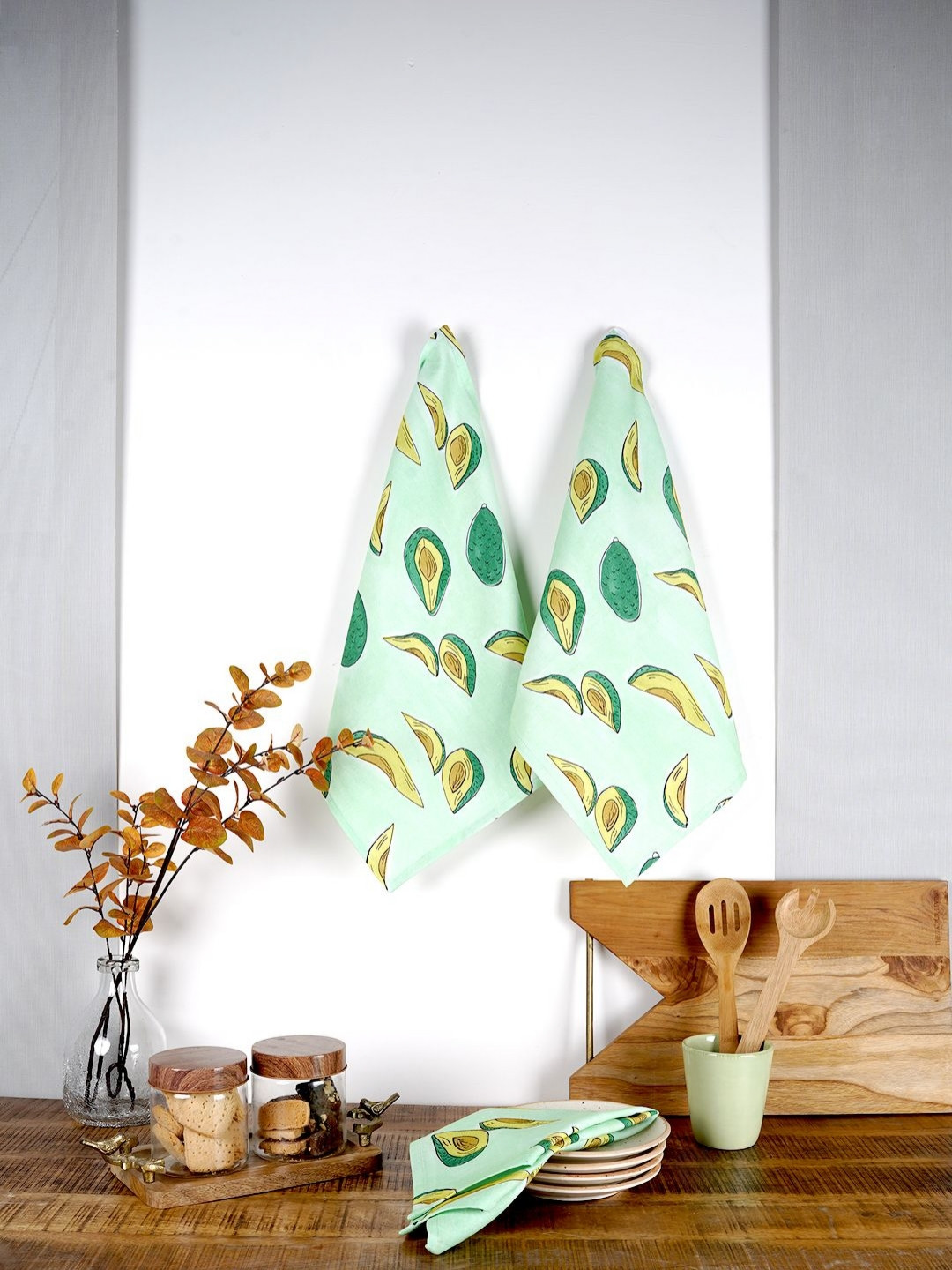 Ratan Cart Green & Yellow 3 Pieces Avacado Printed Cotton Kitchen Towels