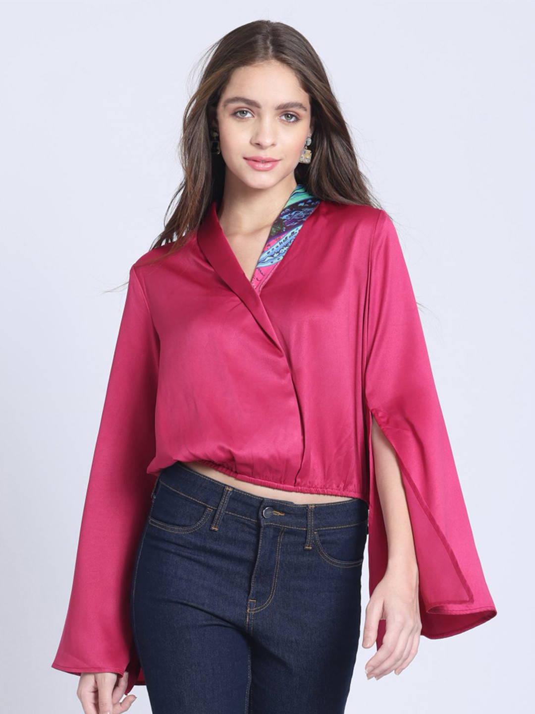 SHAYE Cape Sleeve Satin Wrap Crop Top