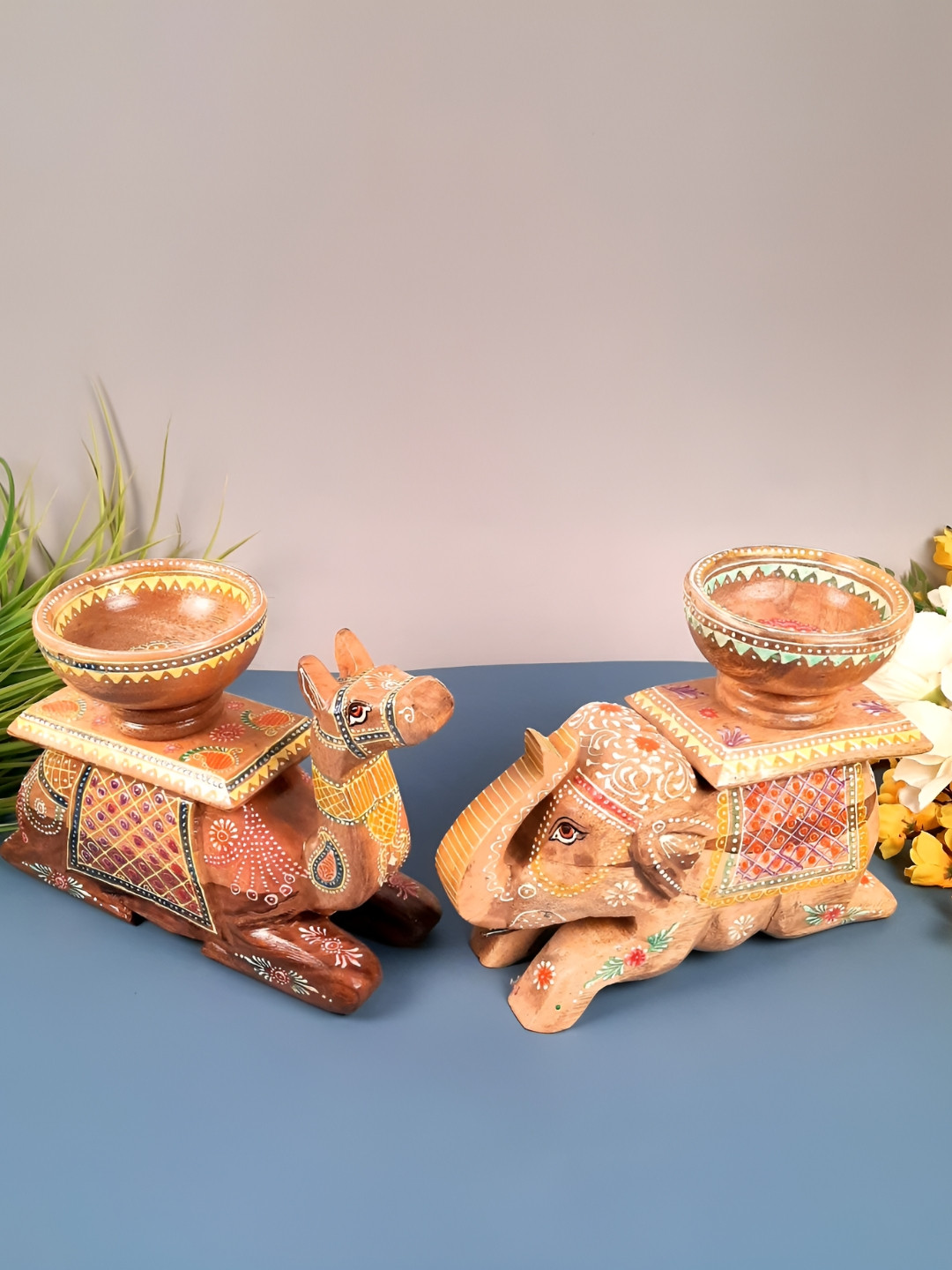 apka mart Brown & Yellow Figurine Wooden Elephant & Camel with Bowl Showpiece