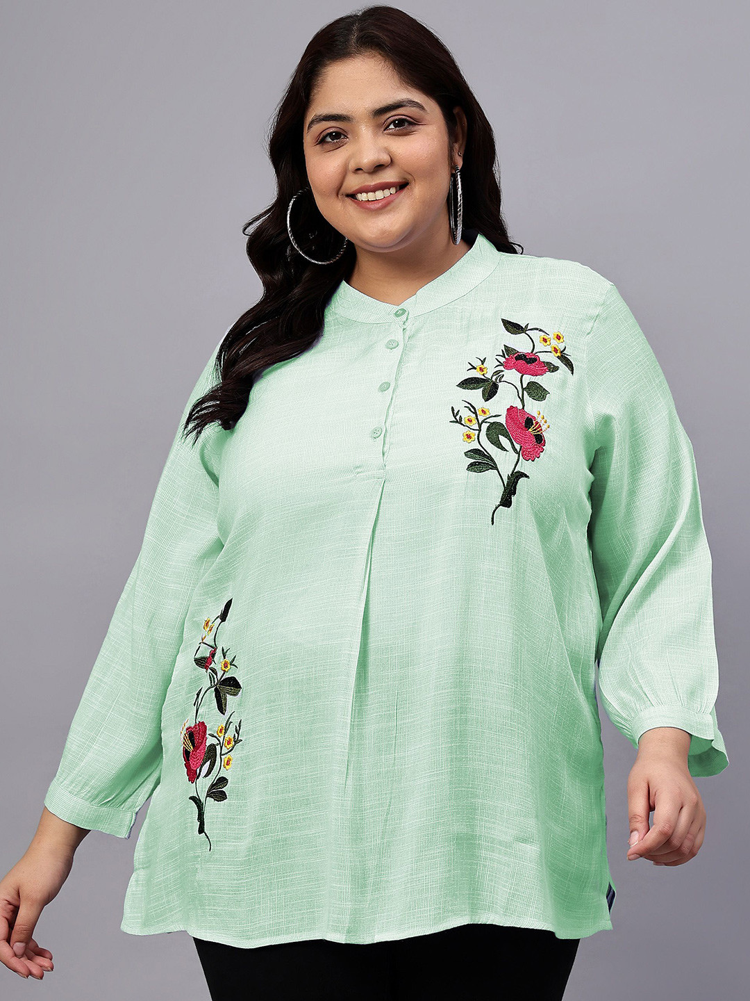 Indietoga Women Plus Size Floral Printed Embroidered Cotton Longline Top with Pockets