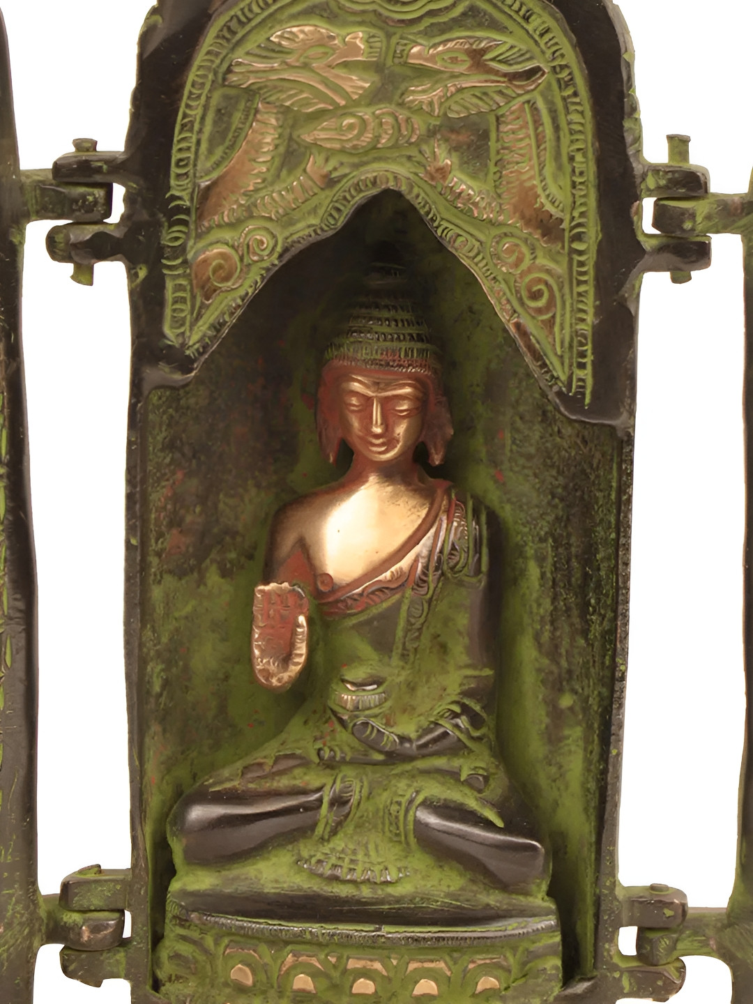 Exotic India Compact Seated Buddha Precinct Green Brass Metallic Living Room Hand Made Small Showpiece - 7.5 Inches