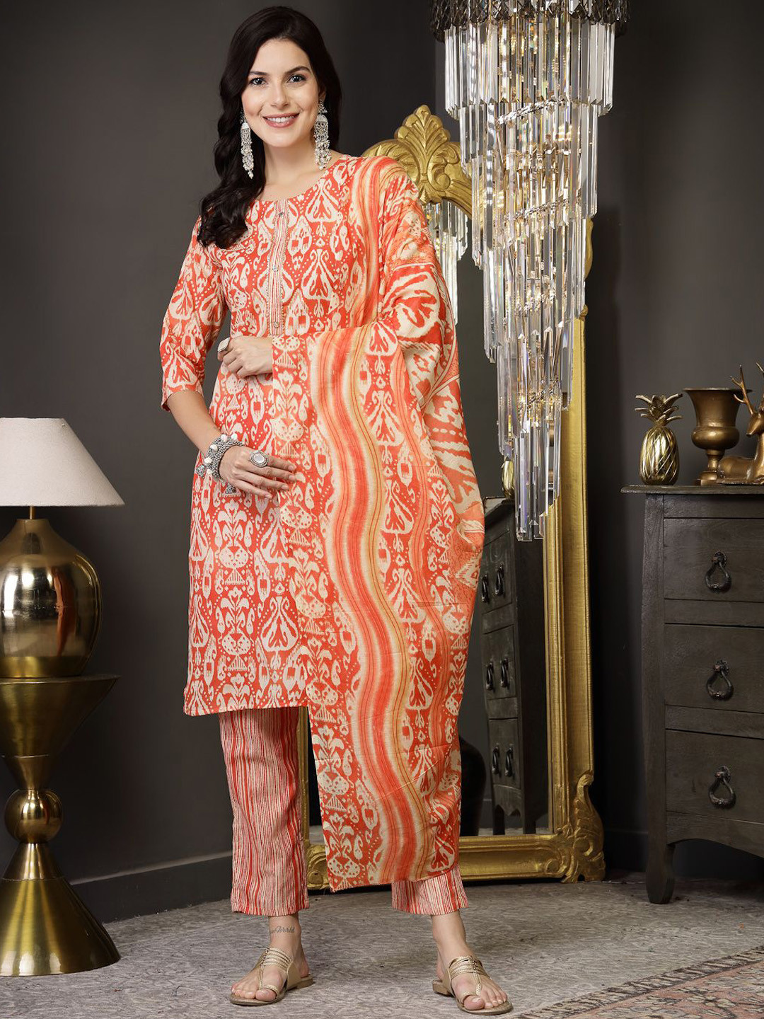Stylum Rust Orange Ethnic Motif Printed Pure Cotton Straight Kurta & Trousers With Dupatta