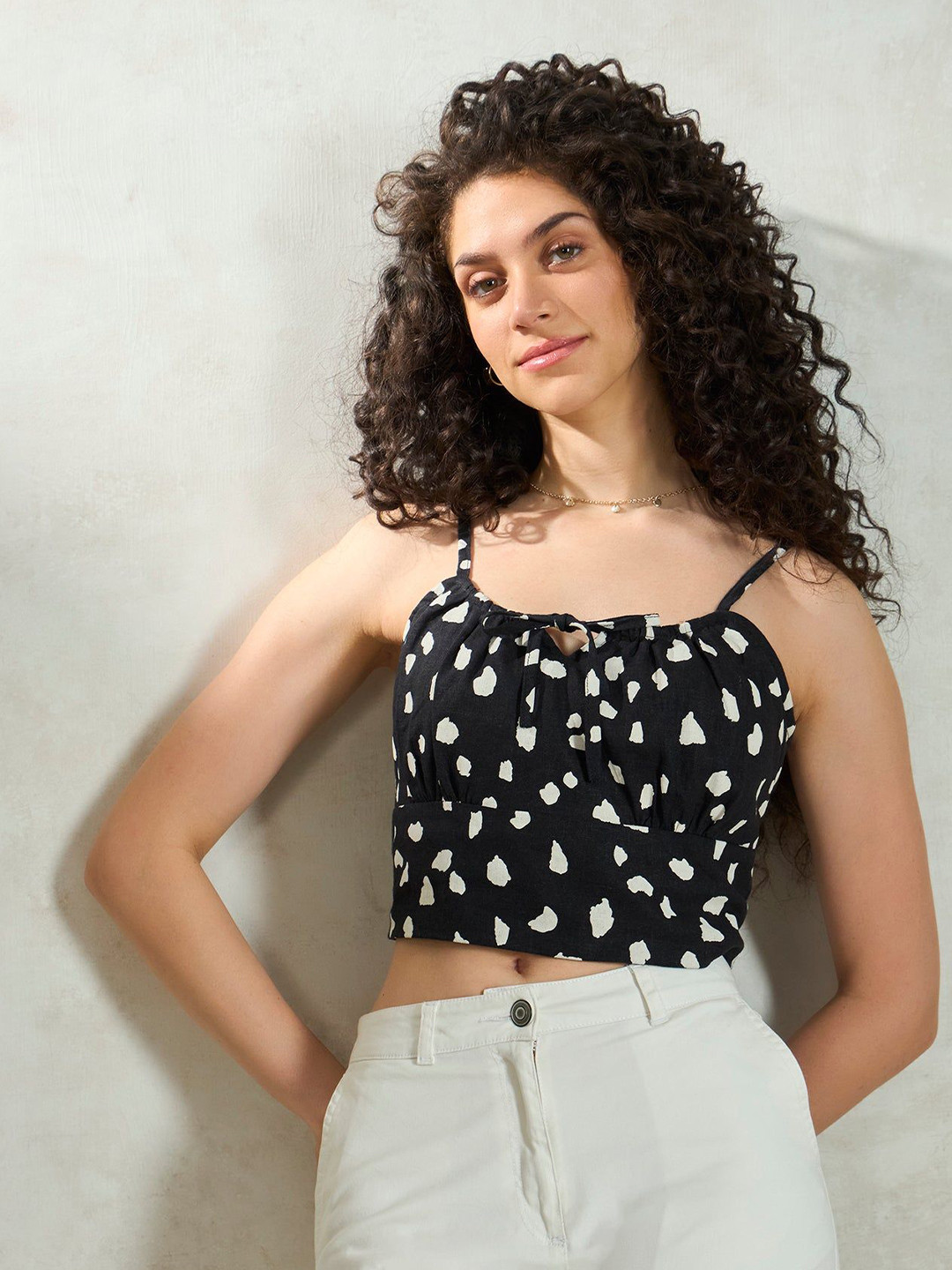 Virgio Linen Printed Front Tie-Up Crop Top