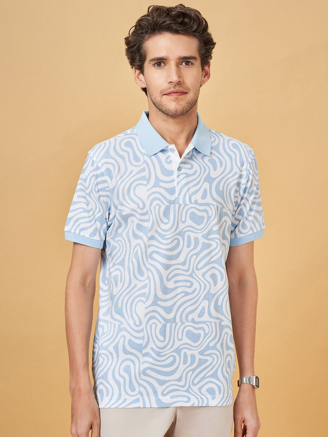 BYFORD by Pantaloons Men Abstract Printed Polo Collar Cotton Slim Fit T-Shirt