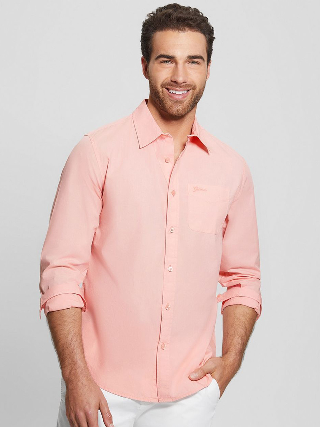 GUESS Men Spread Collar Solid Cotton Casual Shirt