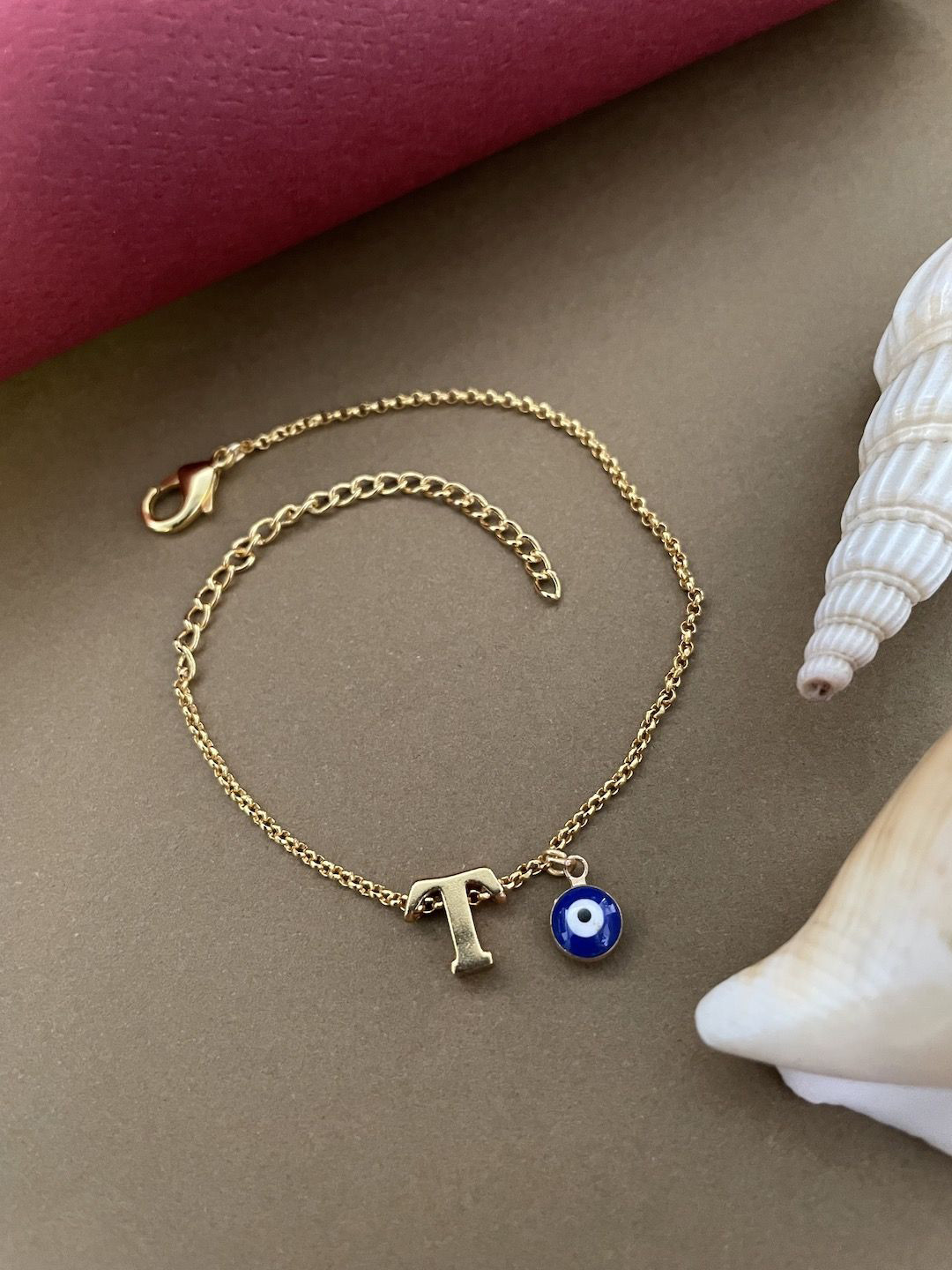 Digital Dress Room Gold-Plated Letter 'T' Evil Eye Link Rakhi Bracelet