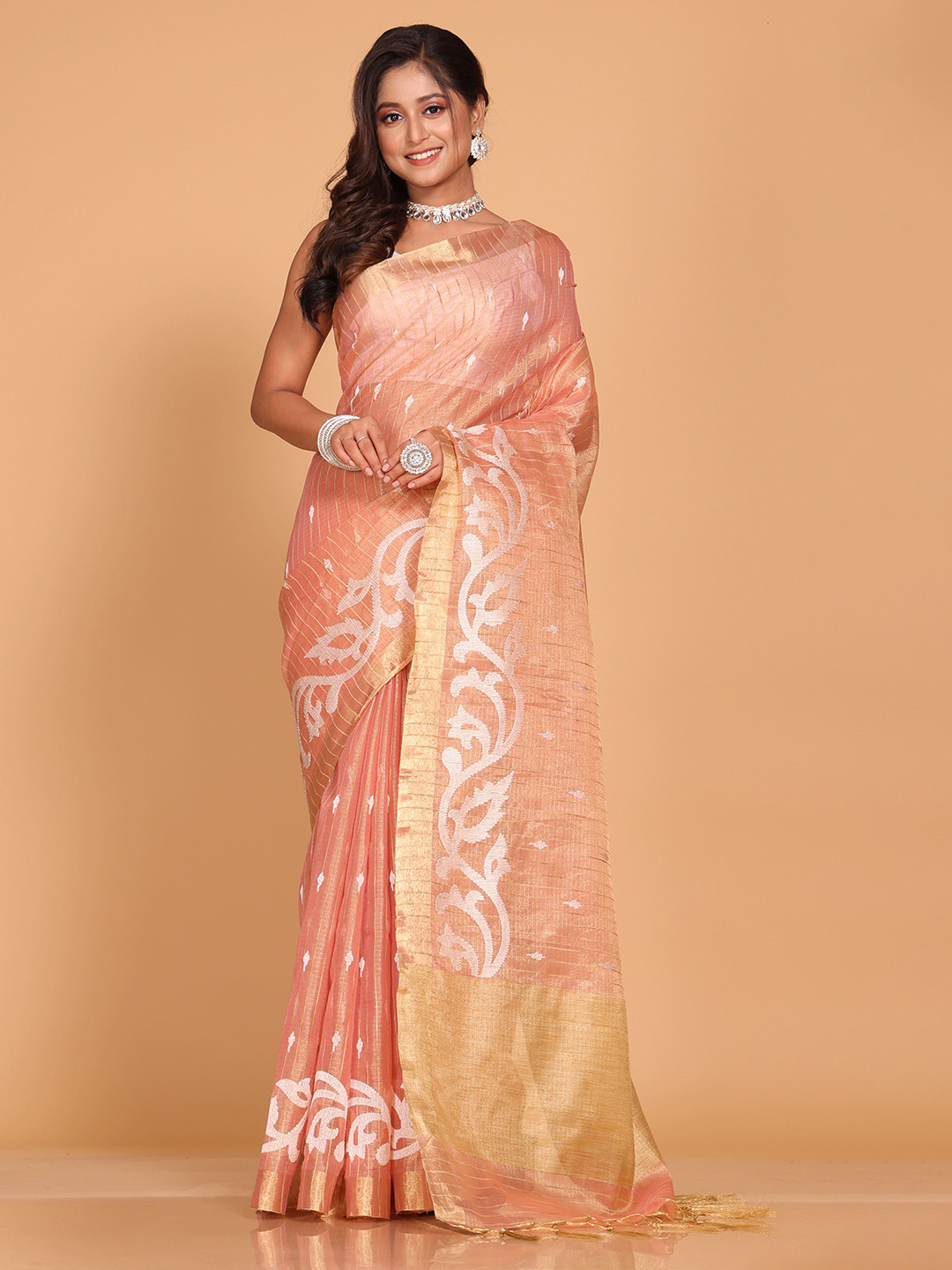 Morchari Floral Zari Tissue Pink Saree