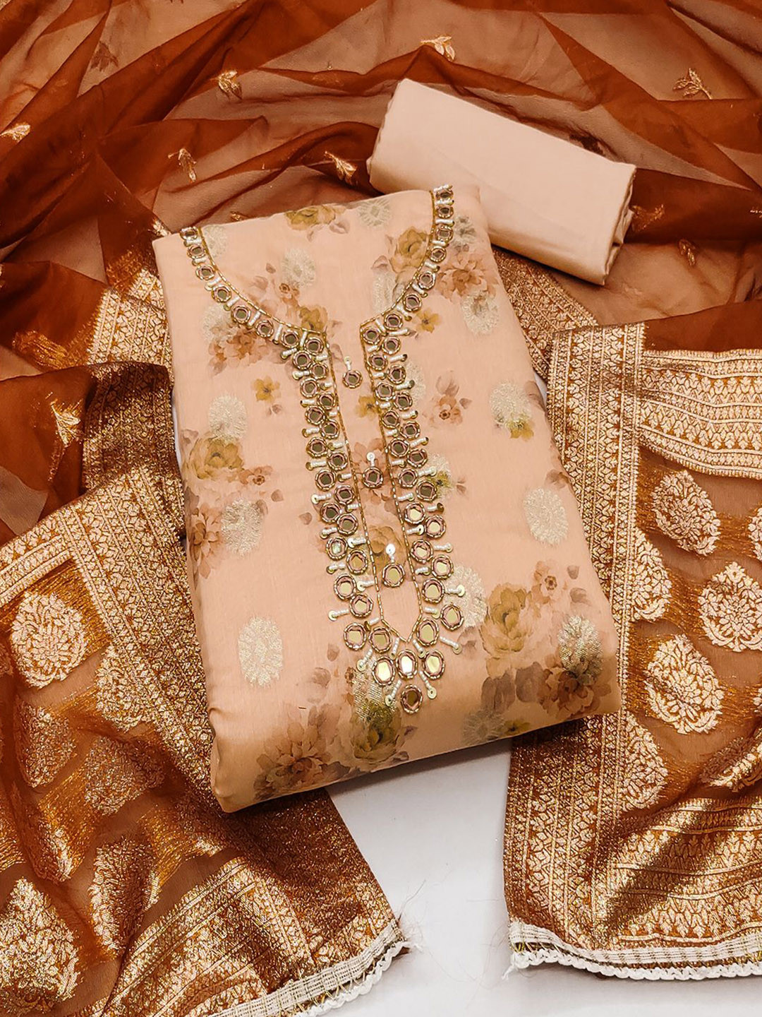 Lilots Floral Mirror Work Unstitched Dress Material