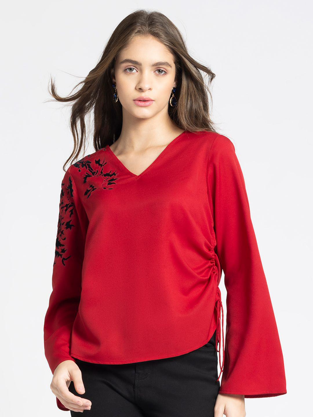 SHAYE Bell Sleeve V-Neck Embroidered Party Top