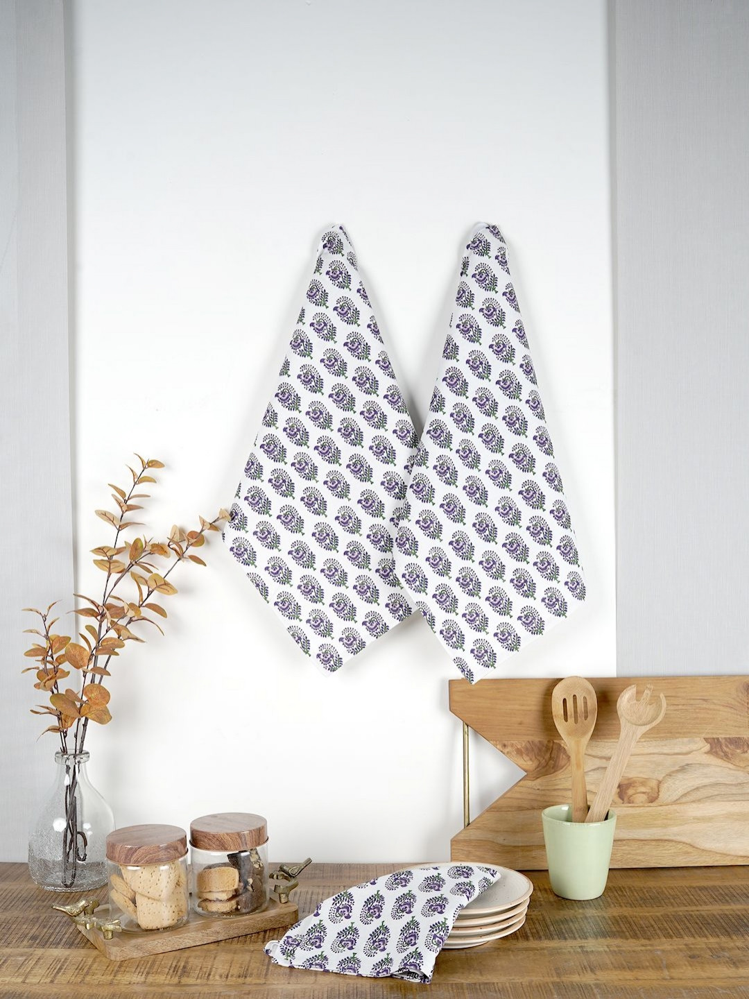 Ratan Cart White & Purple 3 Pieces Floral Printed Cotton Highly Absorbent Kitchen Towels