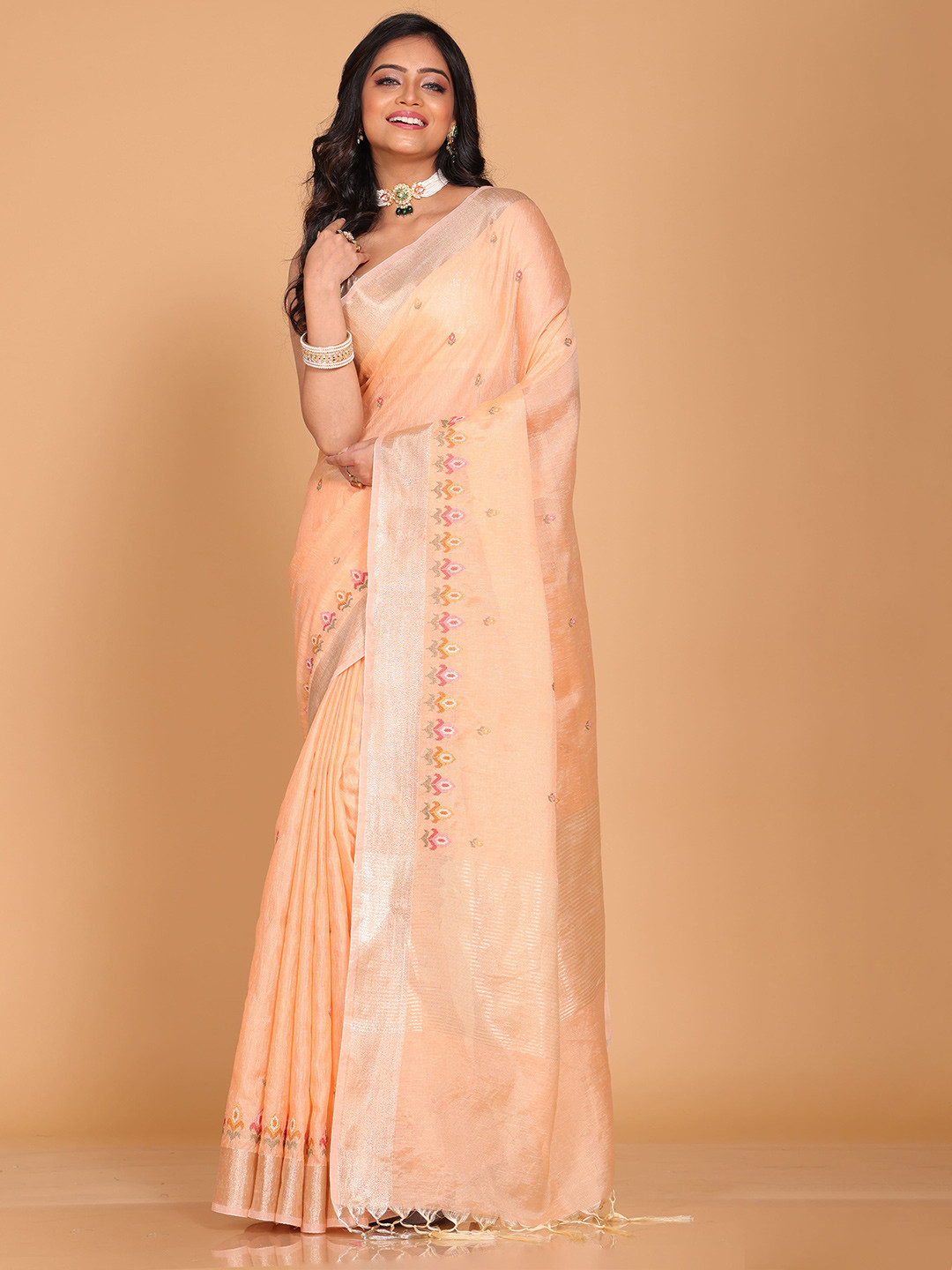 Morchari Floral Zari Pure Linen Peach Color Saree