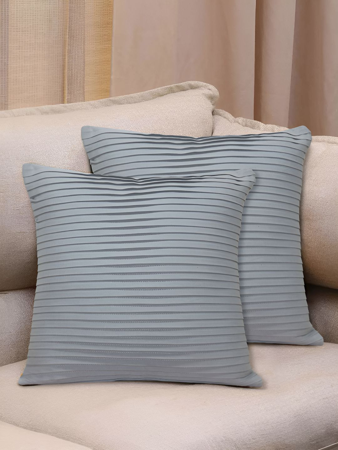 HOME COLORS.IN Grey  2 Pieces Striped Square Pure Cotton Cushion Covers