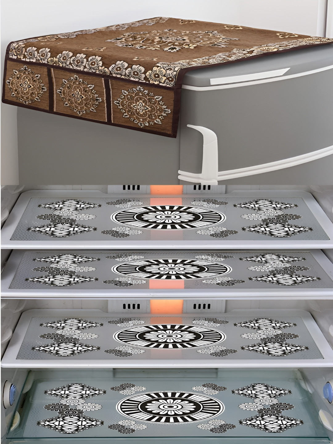 LooMantha Transparent & Brown 5 Pieces Printed Fridge Cover With Side Storage & Fridge Mat