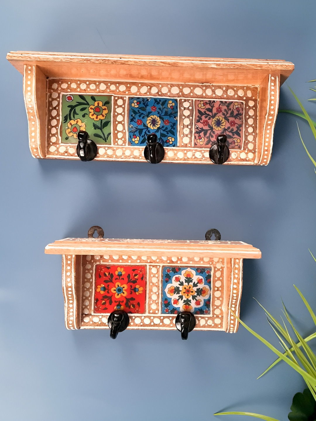 apka mart Brown and Black 2 Pieces Printed Wooden Shelf With Wall Hooks Key Holder