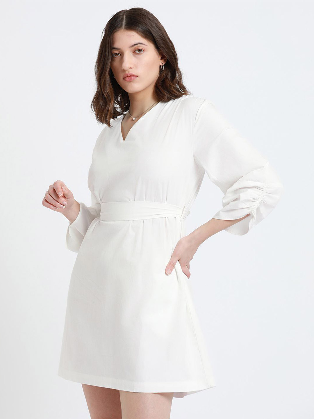 DL Woman V-Neck Puff Sleeve Cotton Fit & Flare Dress