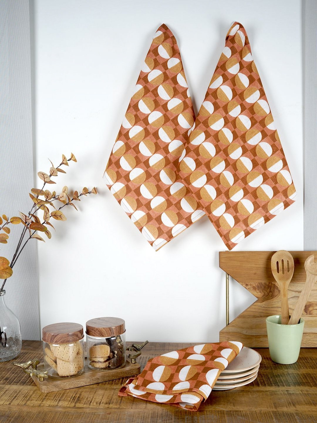 Ratan Cart Orange & White 3 Pieces Printed Kitchen Towels