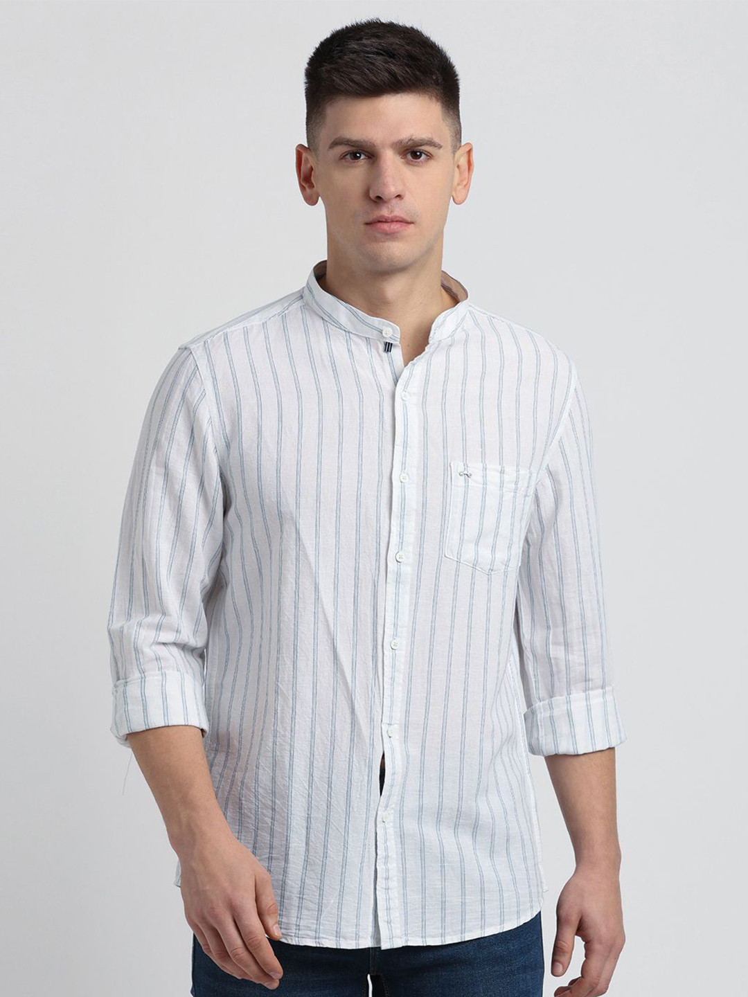 Turtle Men Relaxed Band Collar Striped Cotton Linen Slim Fit Casual Shirt