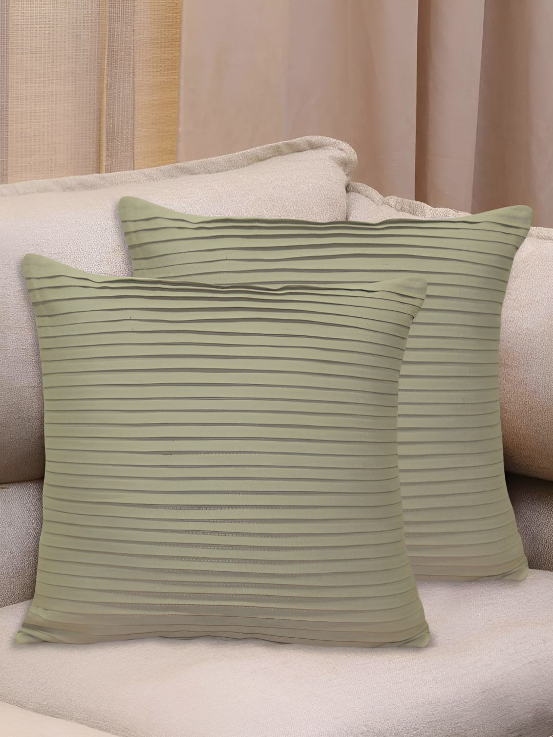 HOME COLORS.IN Beige 2 Pieces Striped Square Pure Cotton Cushion Covers