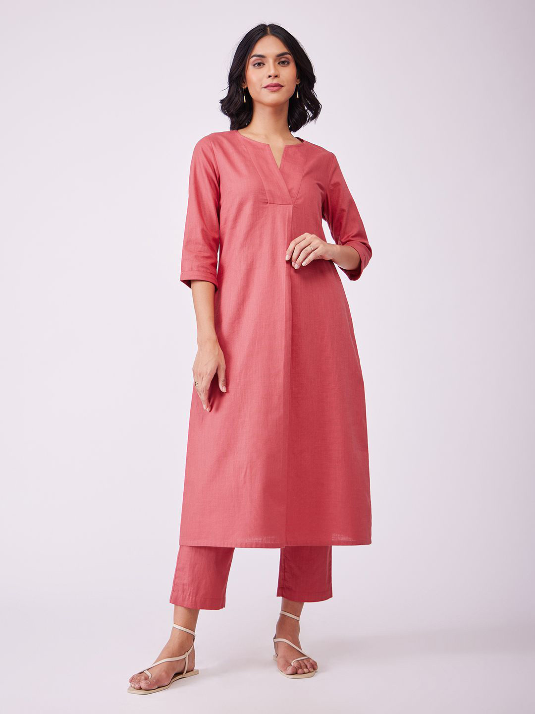 Pink Fort Notch Neck Cotton A-Line Kurta