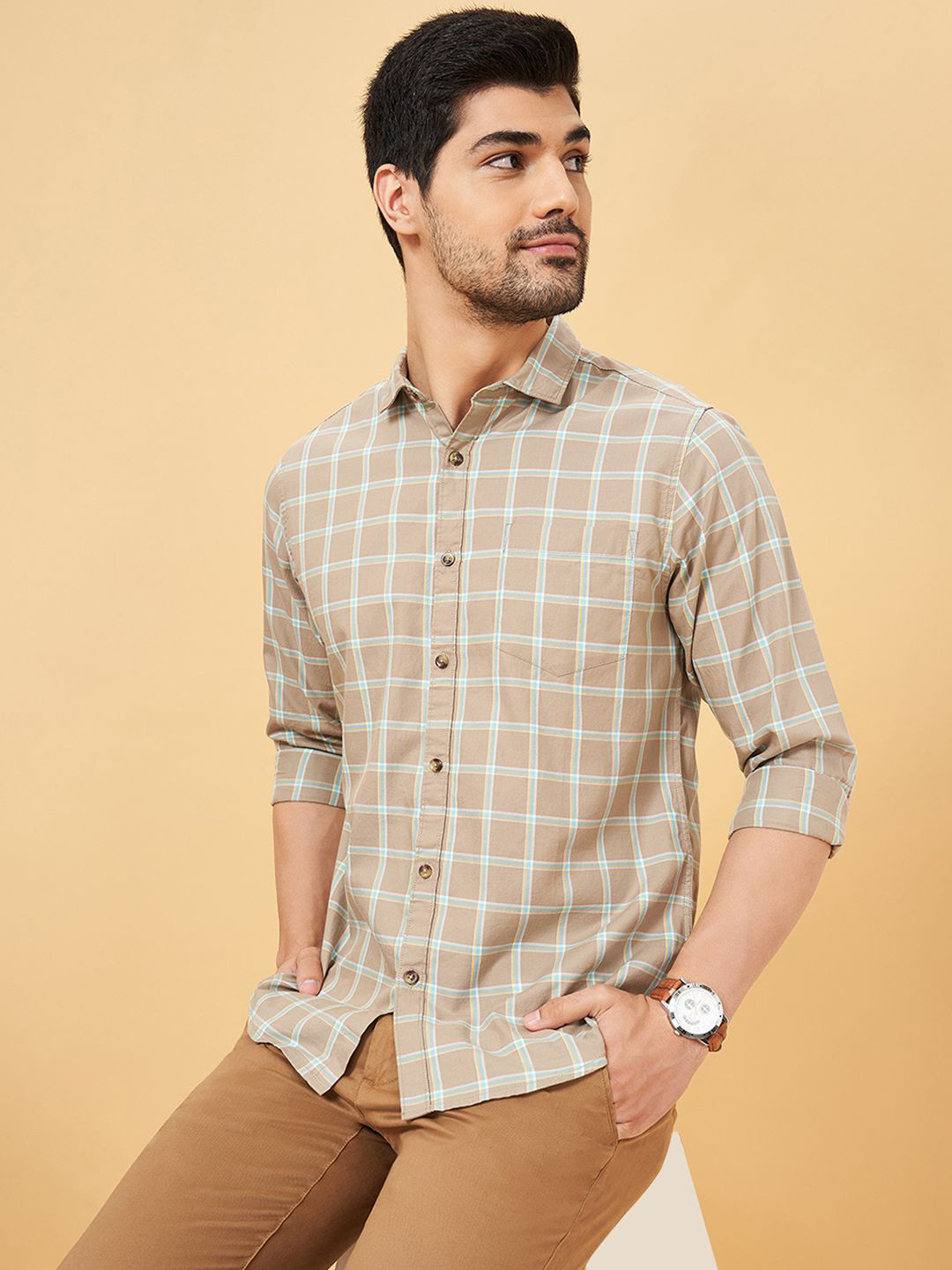 BYFORD by Pantaloons Men Spread Collar Checked Cotton Slim Fit Casual Shirt