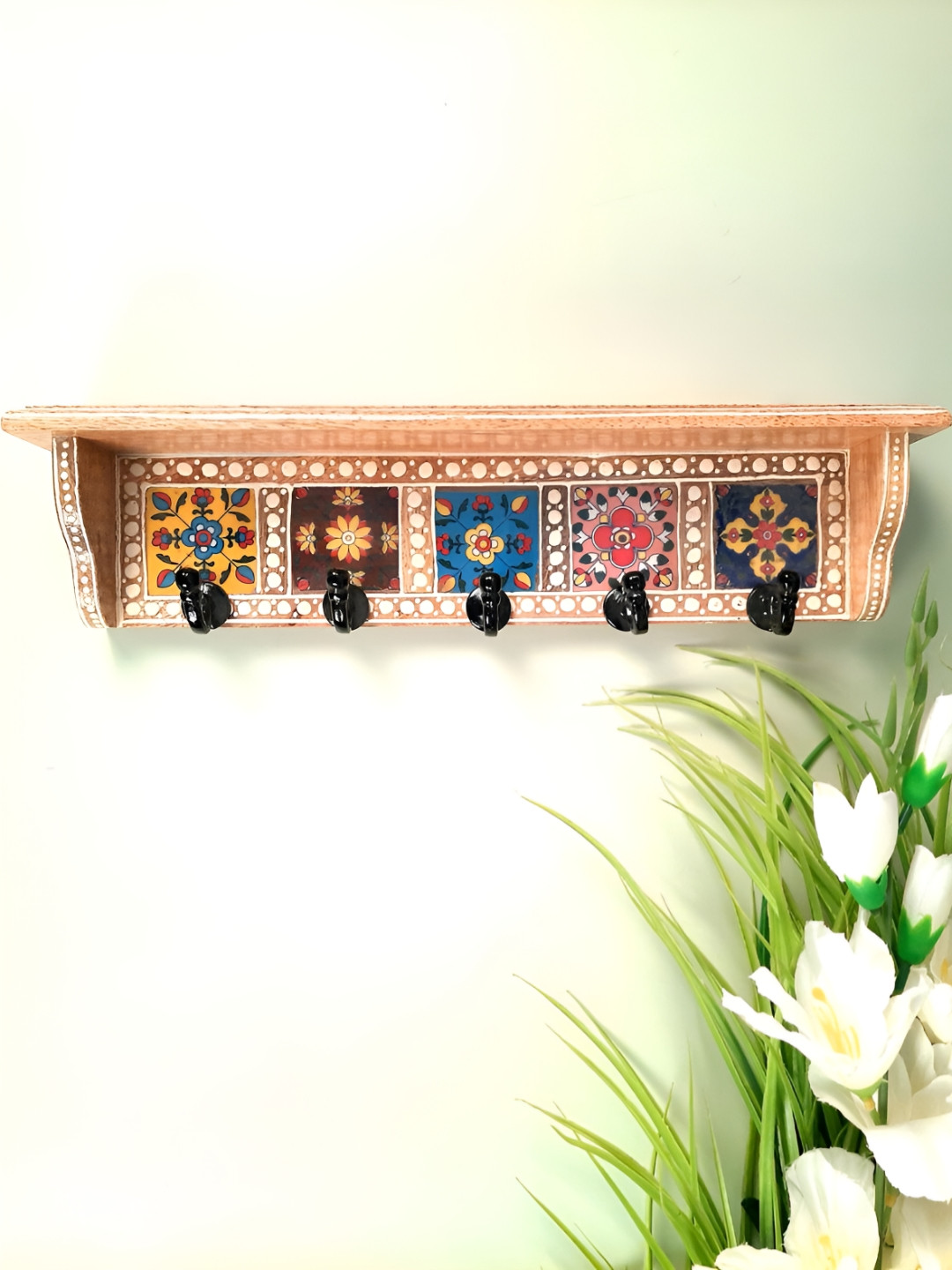 apka mart Brown & Black Printed Wooden Shelf with Wall Hooks Key Holder