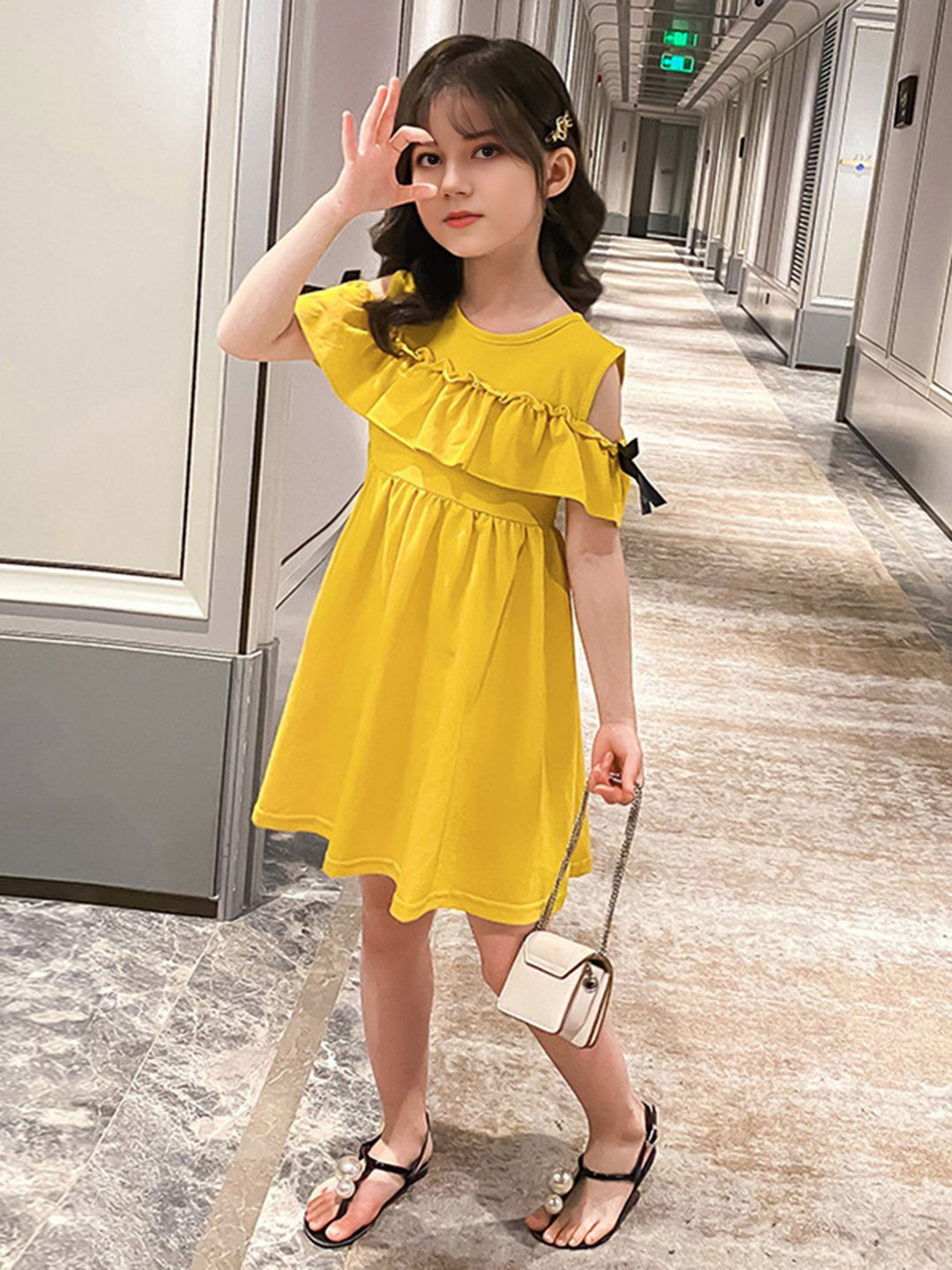 INCLUD Girls Cold-Shoulder Sleeves Empire Mini Ruffles Dress
