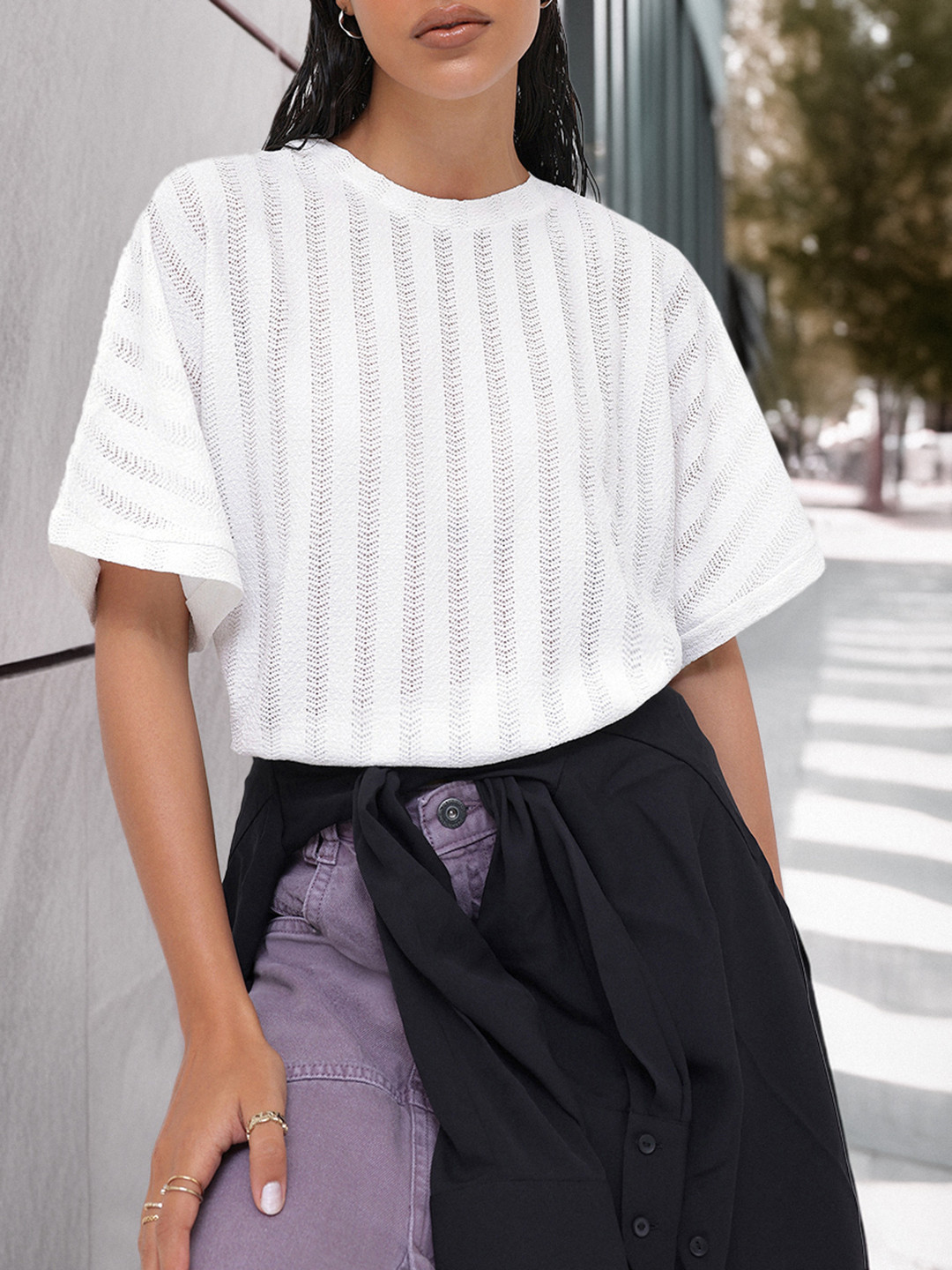 DressBerry Vertical Stripes Textured Extendeed Sleeves Top