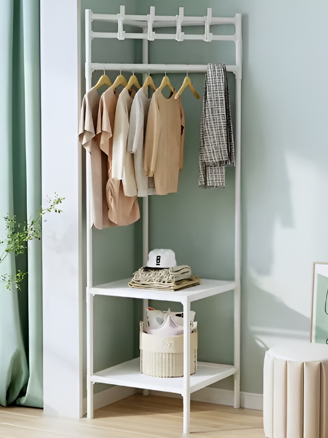 KriShyam 2 Tiers Metal Corner Portable Garment Rack with Shelf